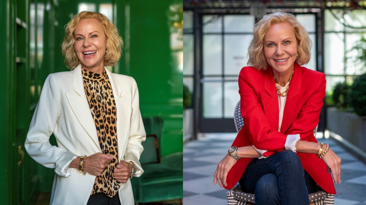 A woman with short blonde hair poses confidently in two outfits: a white blazer with a leopard print top and a red blazer with jeans, seated outdoors.